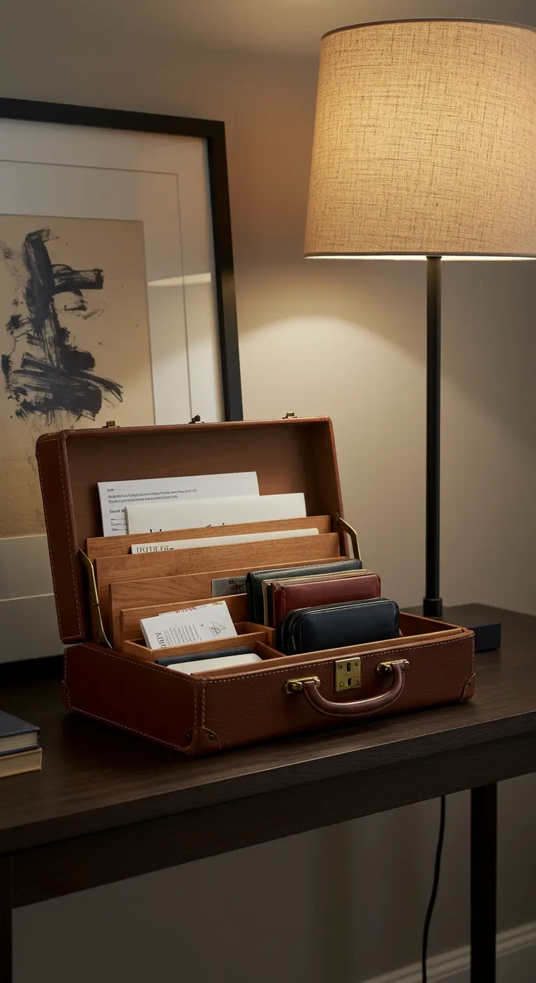 Maletín de cuero vintage abierto y utilizado como organizador de documentos sobre un escritorio.