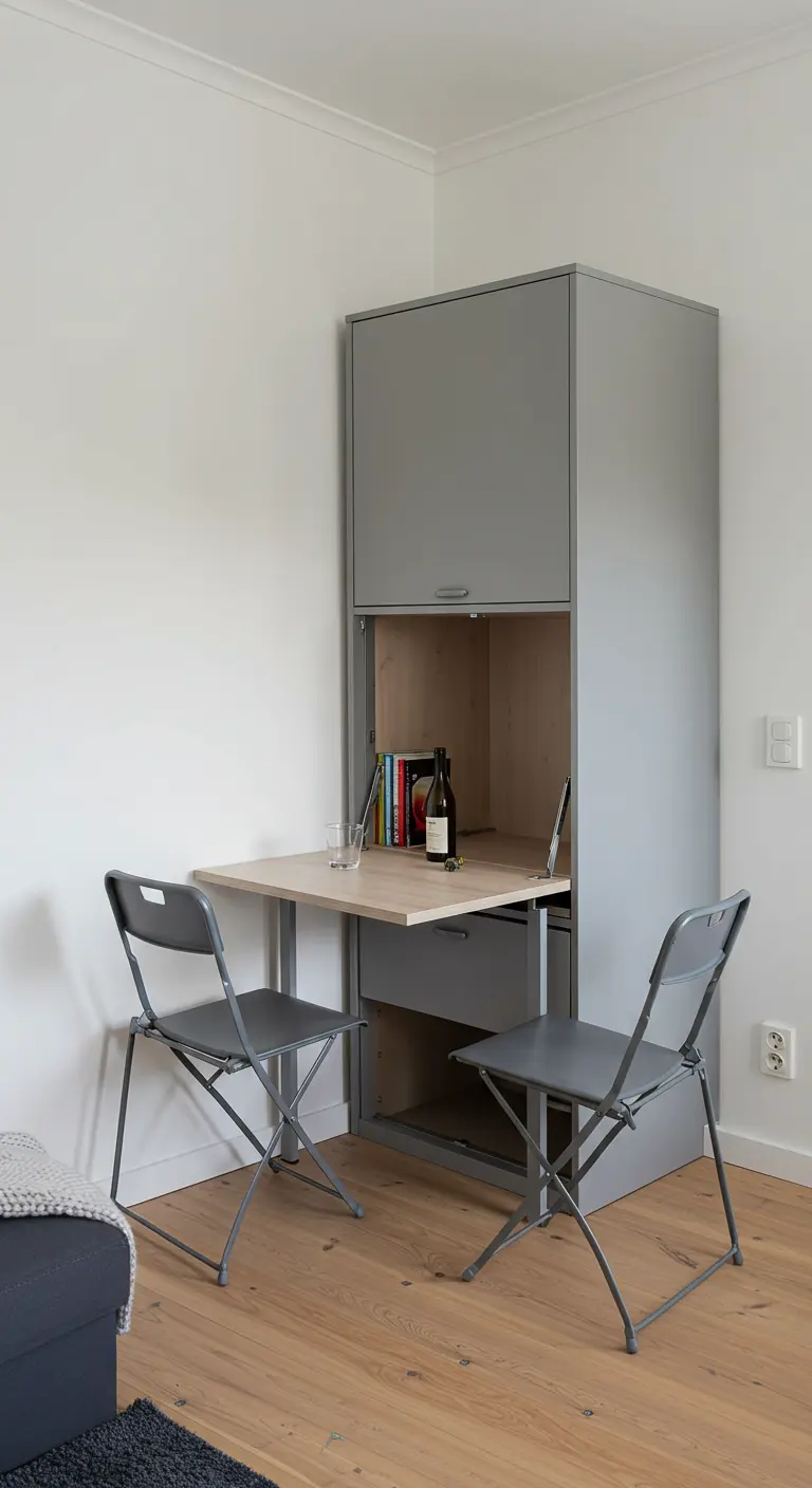 Mueble esquinero gris con una mesa abatible y dos sillas plegables, creando una oficina compacta.