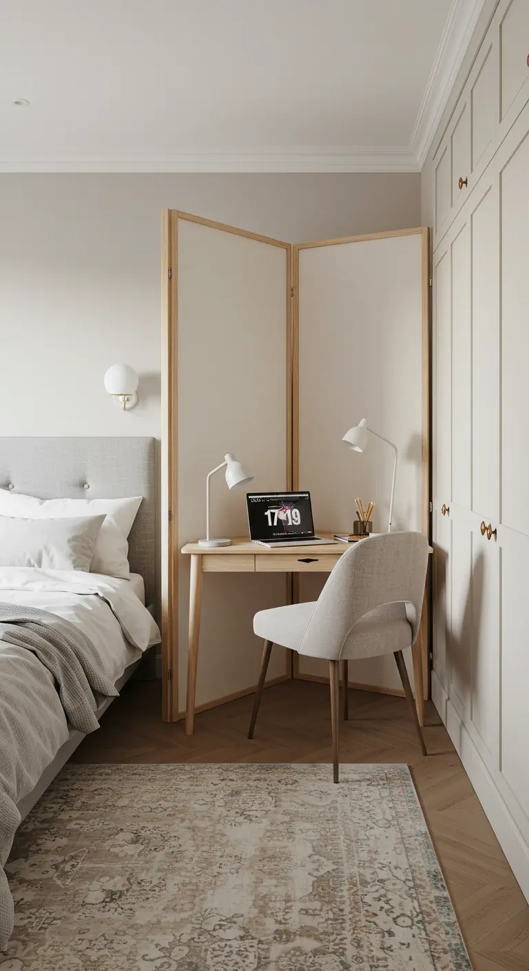 Zona de trabajo en un dormitorio, separada por un biombo de madera y tela