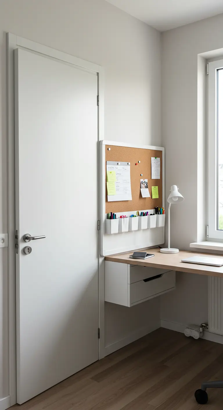 Pequeño escritorio flotante y tablero de corcho instalados en la pared junto a una puerta blanca.