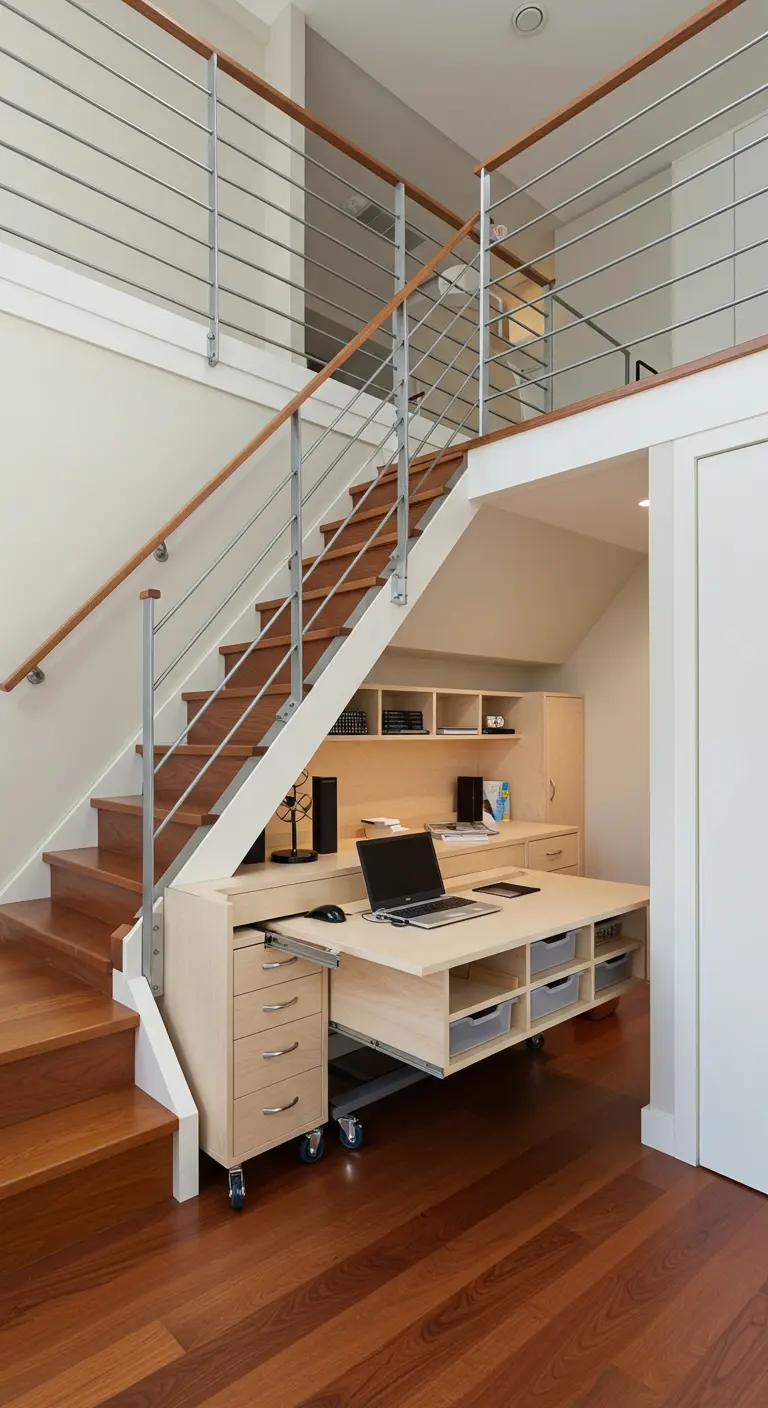 Escritorio de madera con ruedas que se desliza para guardarse debajo de una escalera.