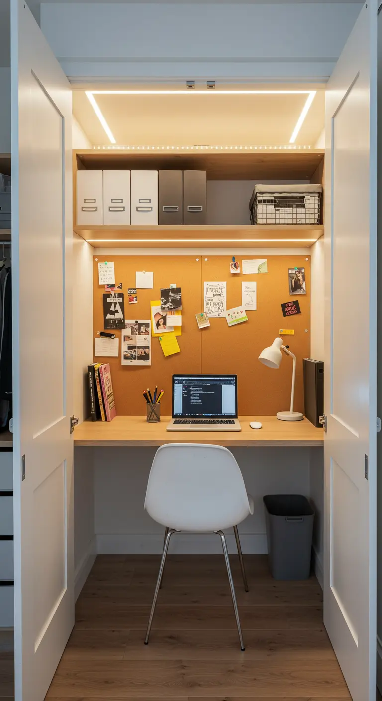 Oficina dentro de un armario con escritorio de madera, tablero de corcho y luz LED integrada.