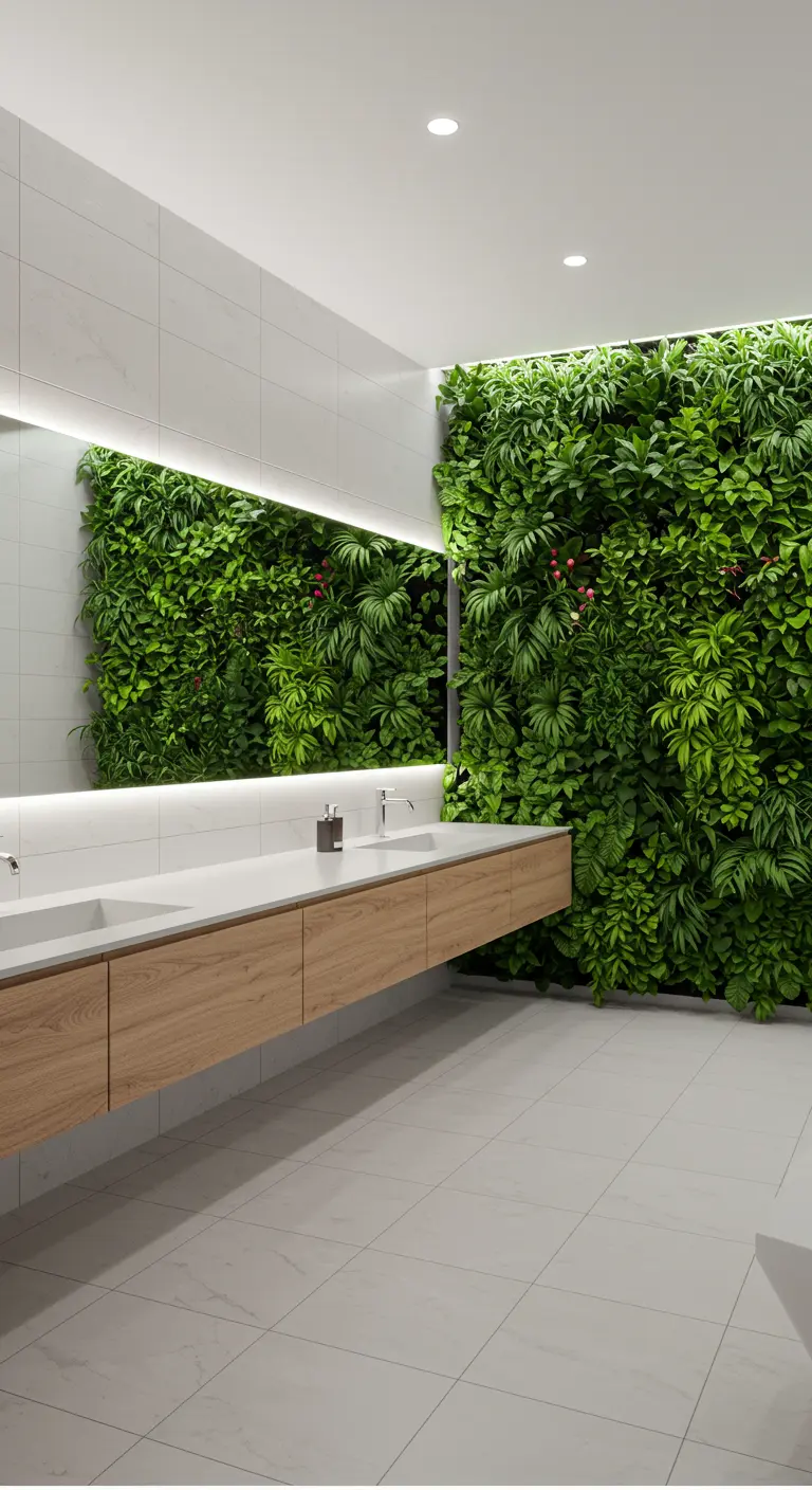 Baño público moderno con dos grandes paredes de jardín vertical y un lavabo largo