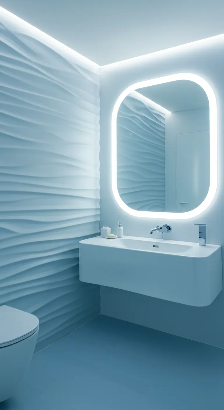 Baño futurista en tonos azules con pared texturizada en 3D y espejo retroiluminado.