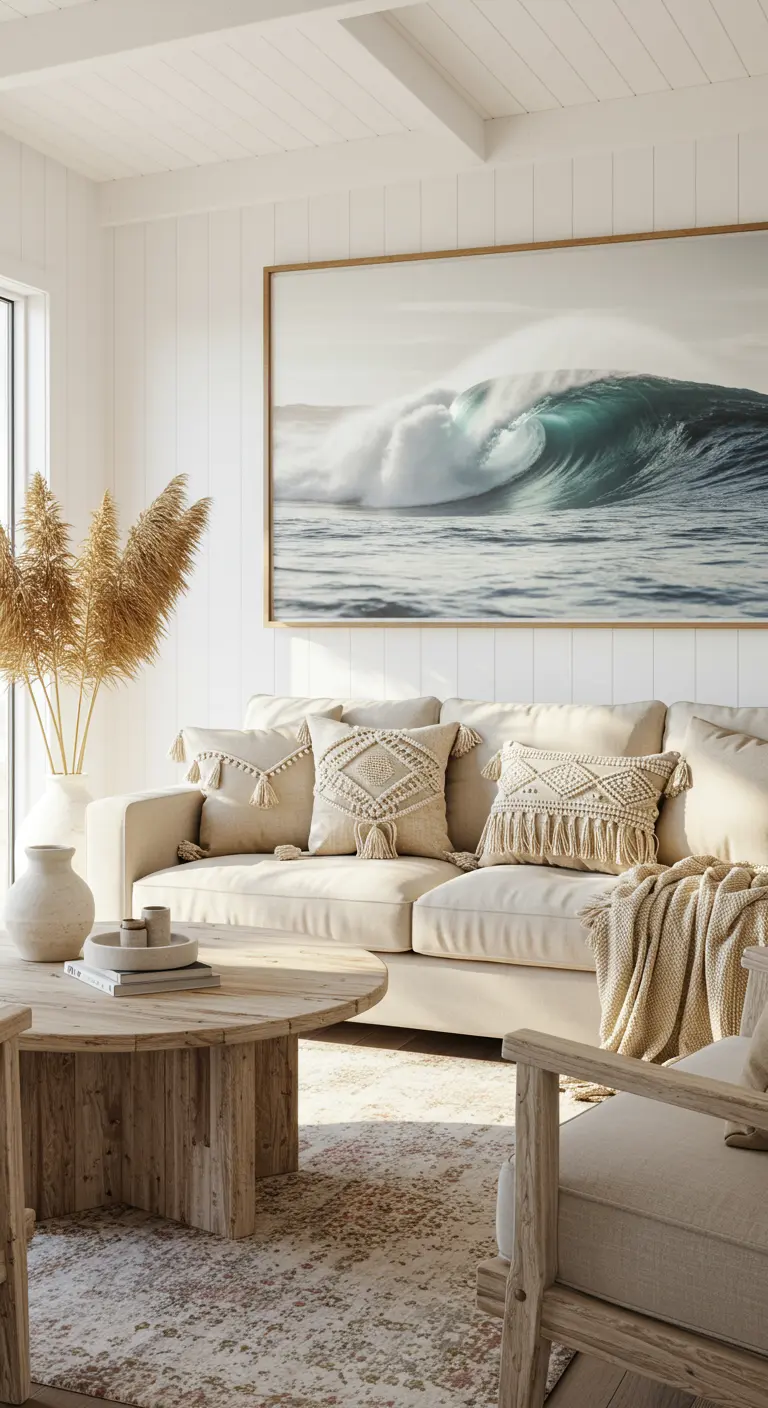 Sala de estar de estilo costero con un gran cuadro de una ola, sofá beige y cojines de macramé.