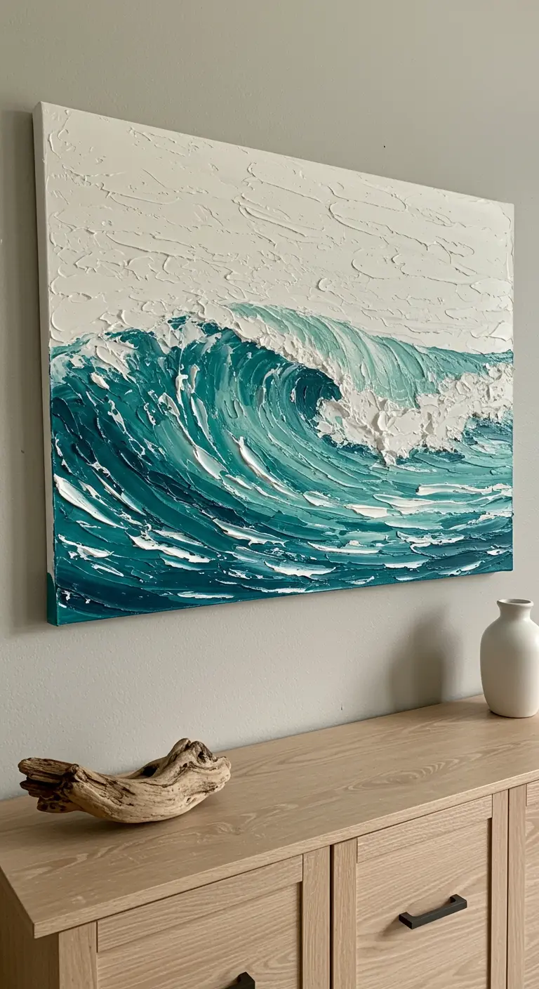 Pintura en relieve de una ola turquesa rompiendo con espuma blanca