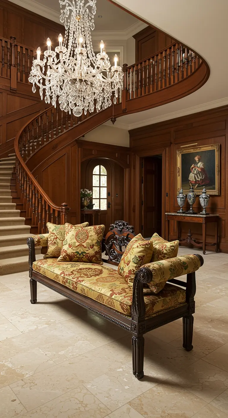Banco de estilo clásico muy ornamentado con cojines de brocado en un recibidor señorial con escalera.