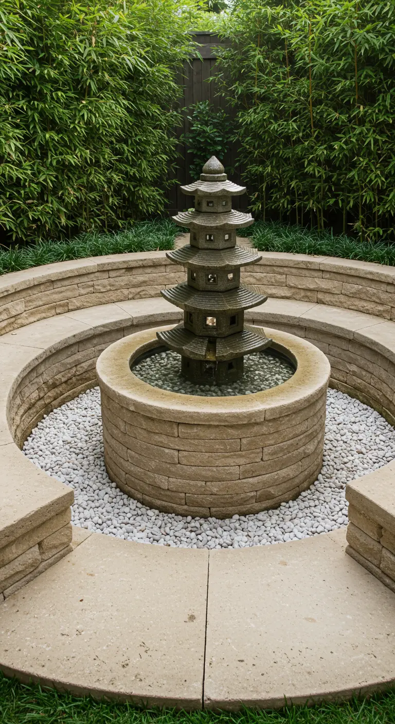 Jardín con una fuente central en forma de pagoda rodeada por un banco circular de piedra.