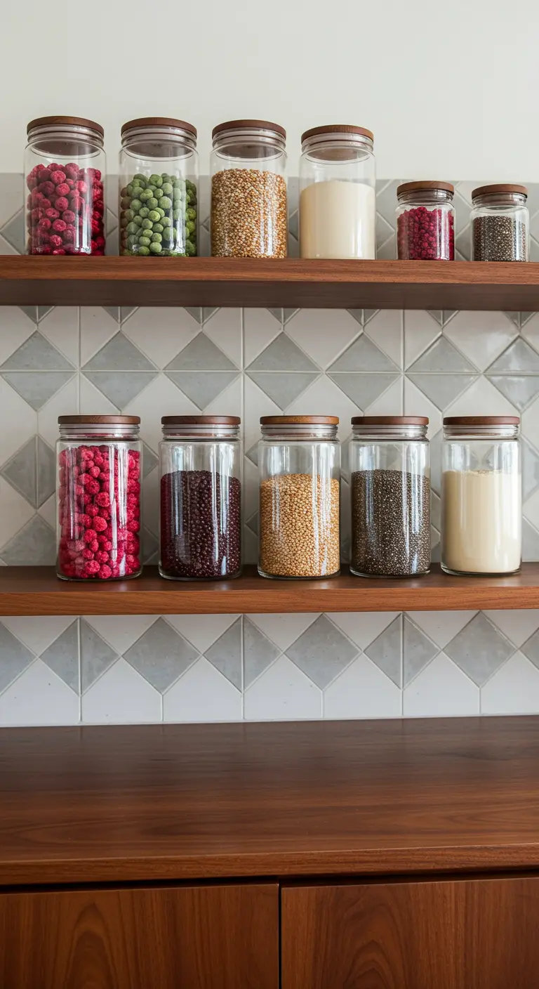 Estantes de madera con frascos de vidrio llenos de ingredientes coloridos como frambuesas, guisantes y granos.