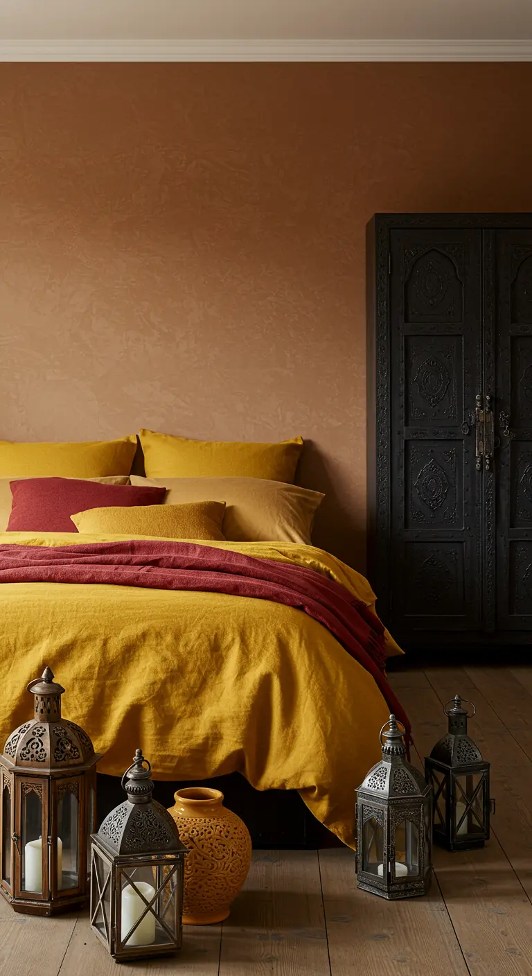 Dormitorio con ropa de cama amarilla y roja, farolillos en el suelo y paredes color arena