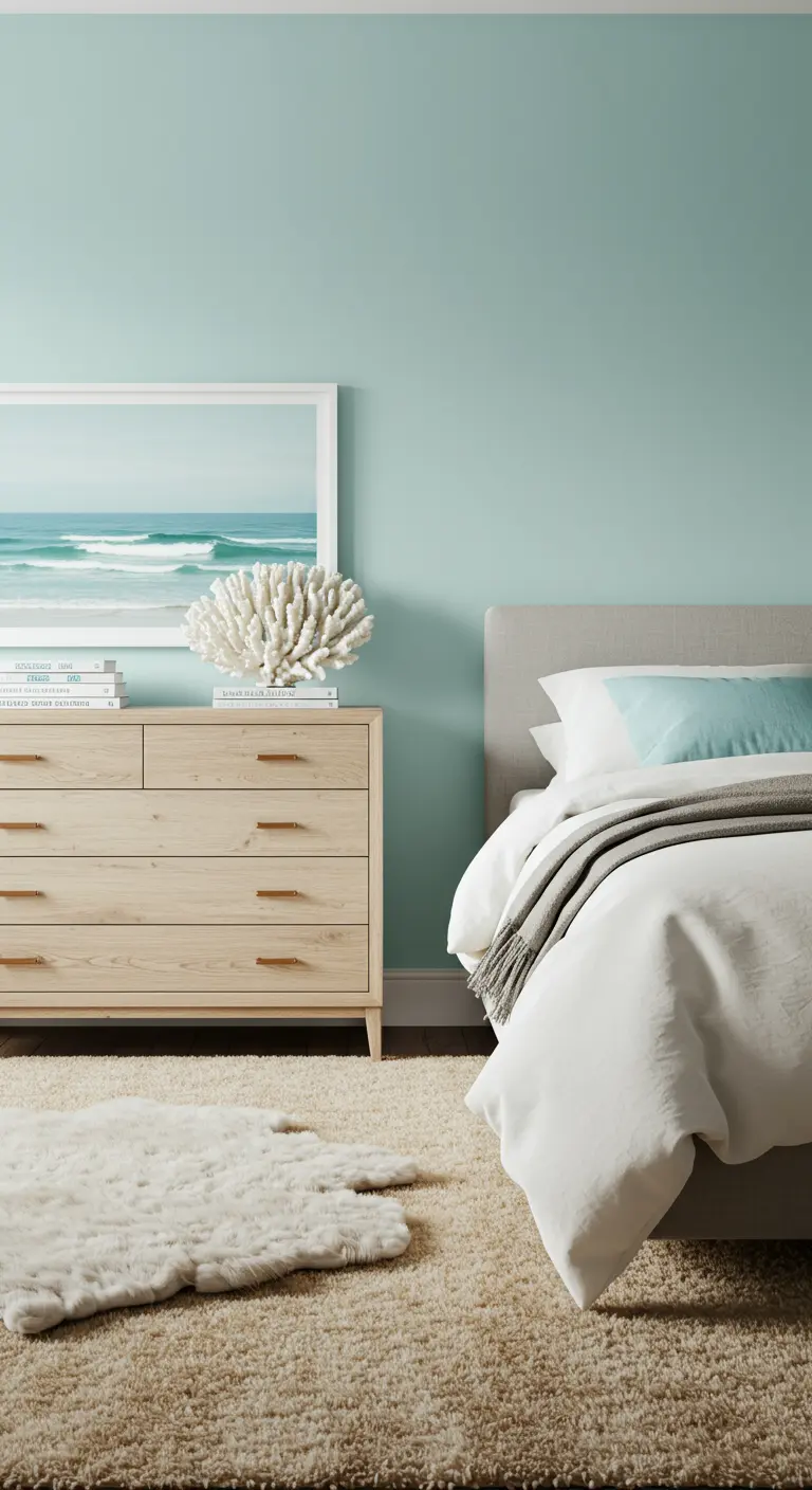 Detalle de un dormitorio con pared azul claro, cómoda de madera y decoración de coral.