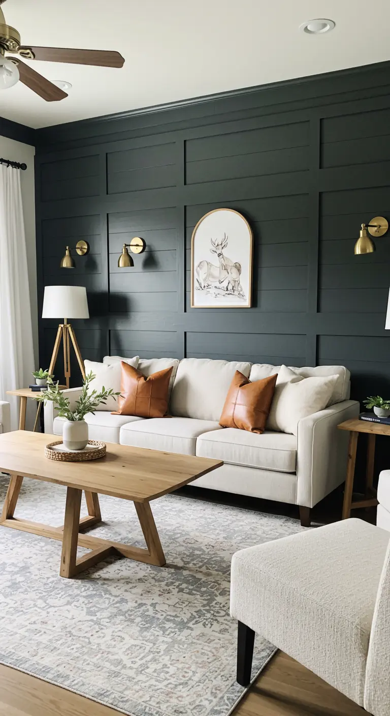 Pared de acento oscura con molduras geométricas detrás de un sofá de color crudo