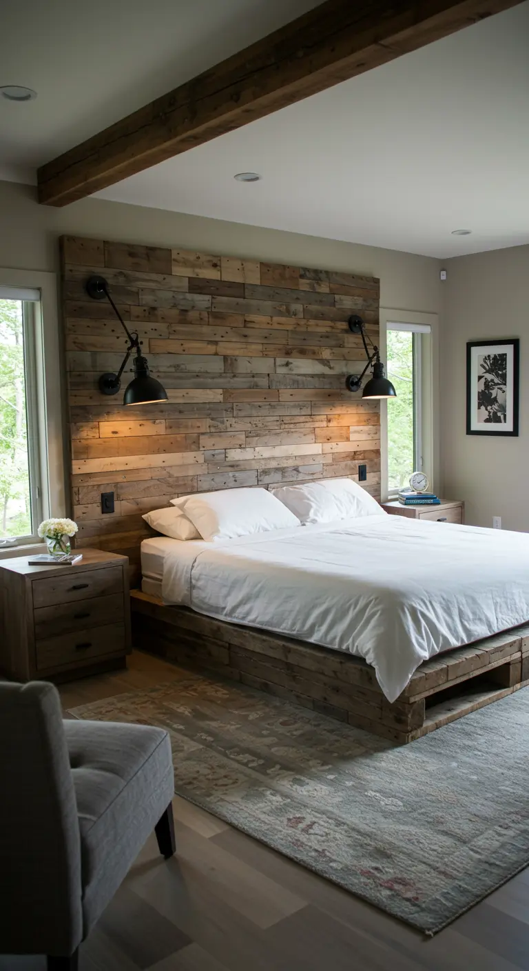 Dormitorio con una pared de acento hecha de madera de palet reciclada y apliques industriales.
