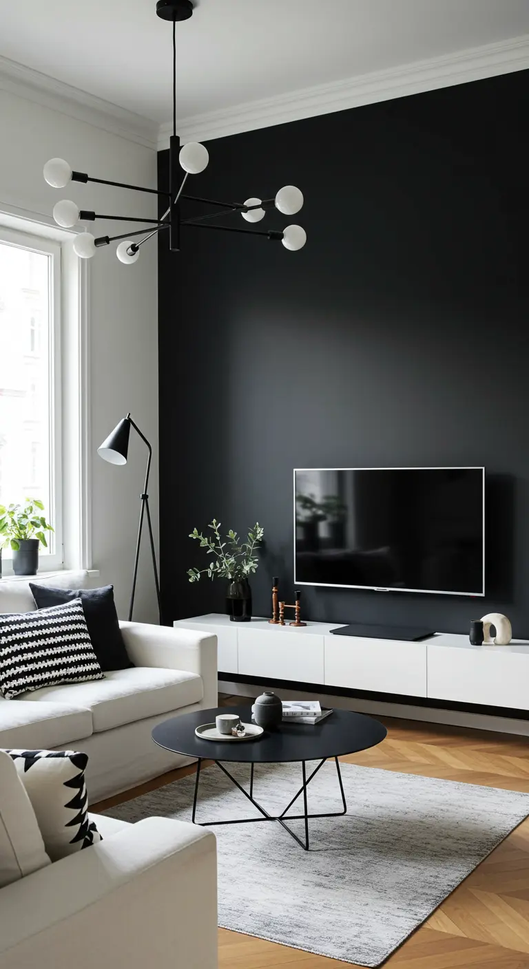 Sala de estar con una pared de acento negra, mueble de TV blanco y sofá claro.