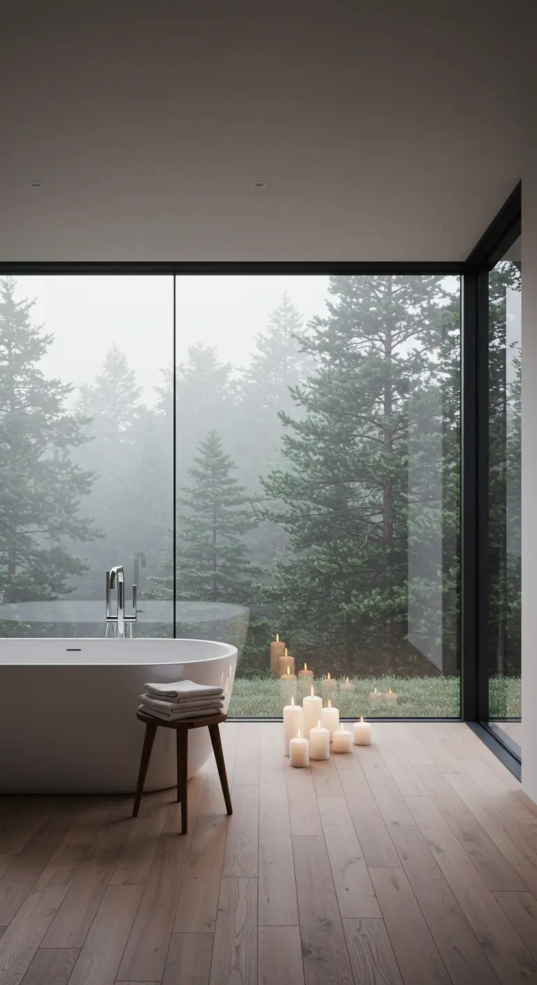 Baño con una pared de cristal gigante que da a un bosque de pinos y una bañera exenta.