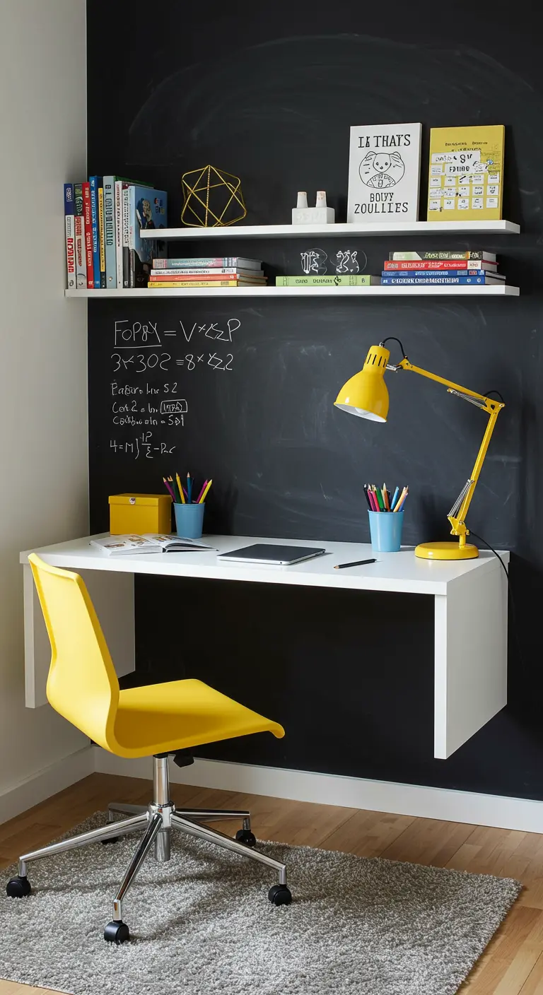 Rincón de estudio con una pared de pizarra negra, escritorio flotante blanco y silla y lámpara amarillas.