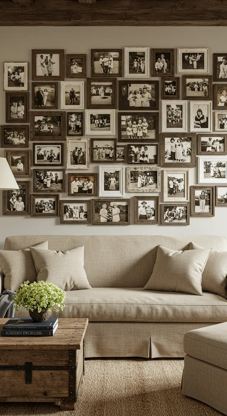 Pared de galería con fotos familiares en blanco y negro y sepia en marcos de madera rústicos