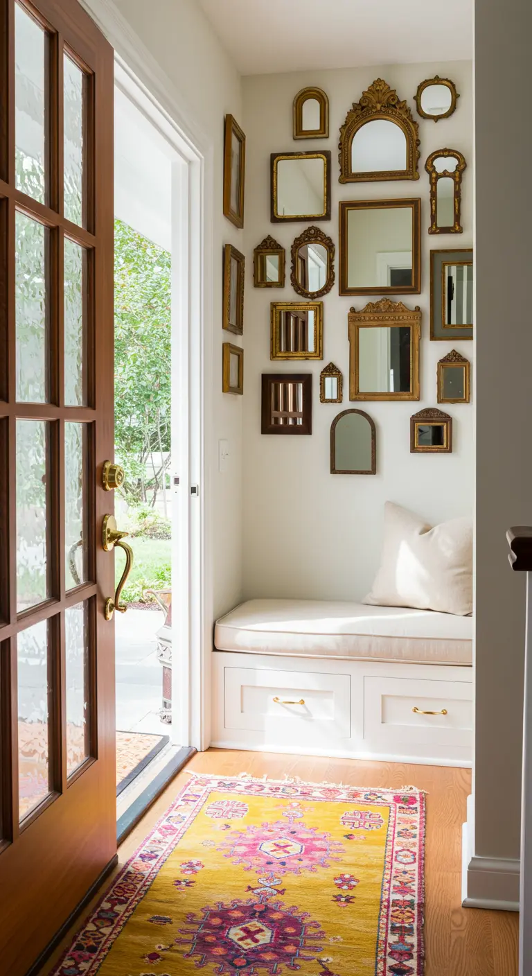 Rincón de entrada con banco blanco y una pared llena de pequeños espejos antiguos dorados.