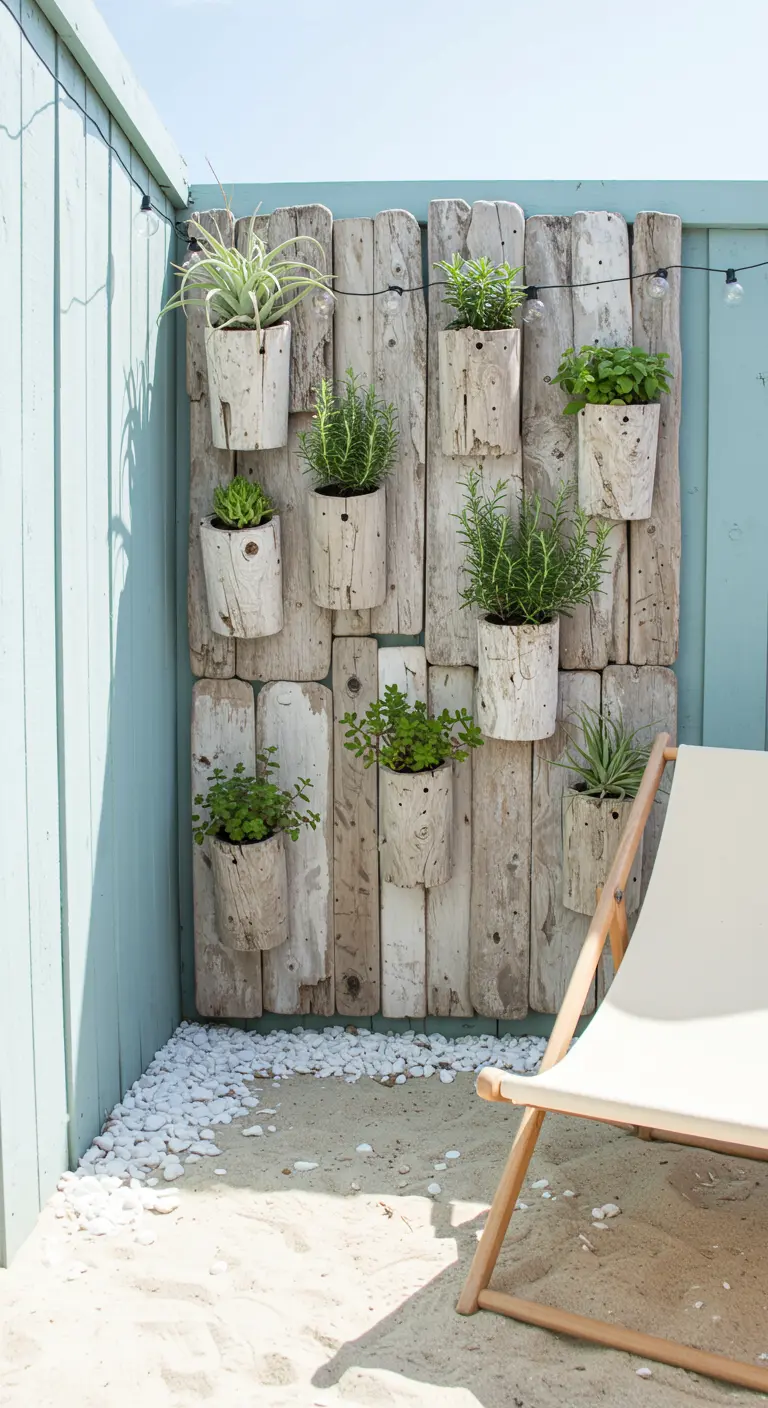 Jardín vertical hecho con troncos de madera flotante en una esquina de estilo costero.