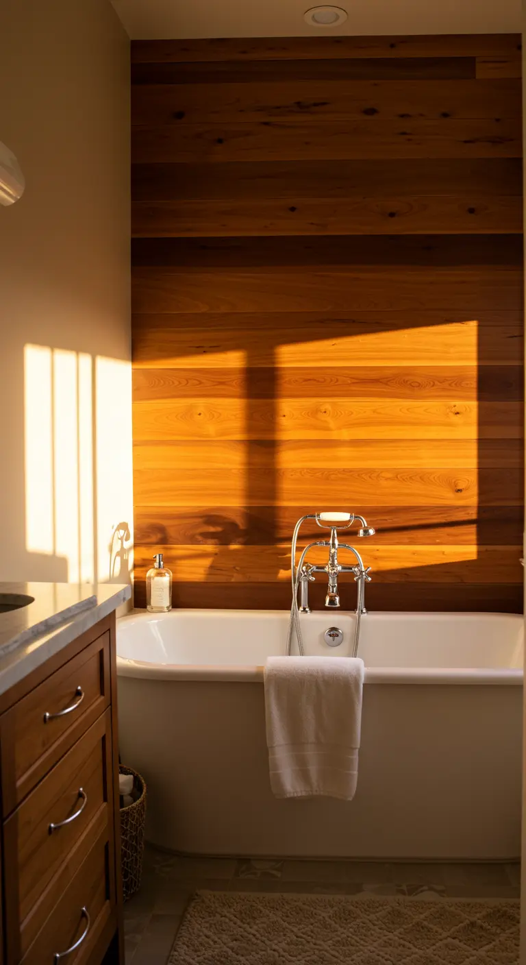 Bañera blanca con una pared de fondo revestida de lamas de madera horizontales