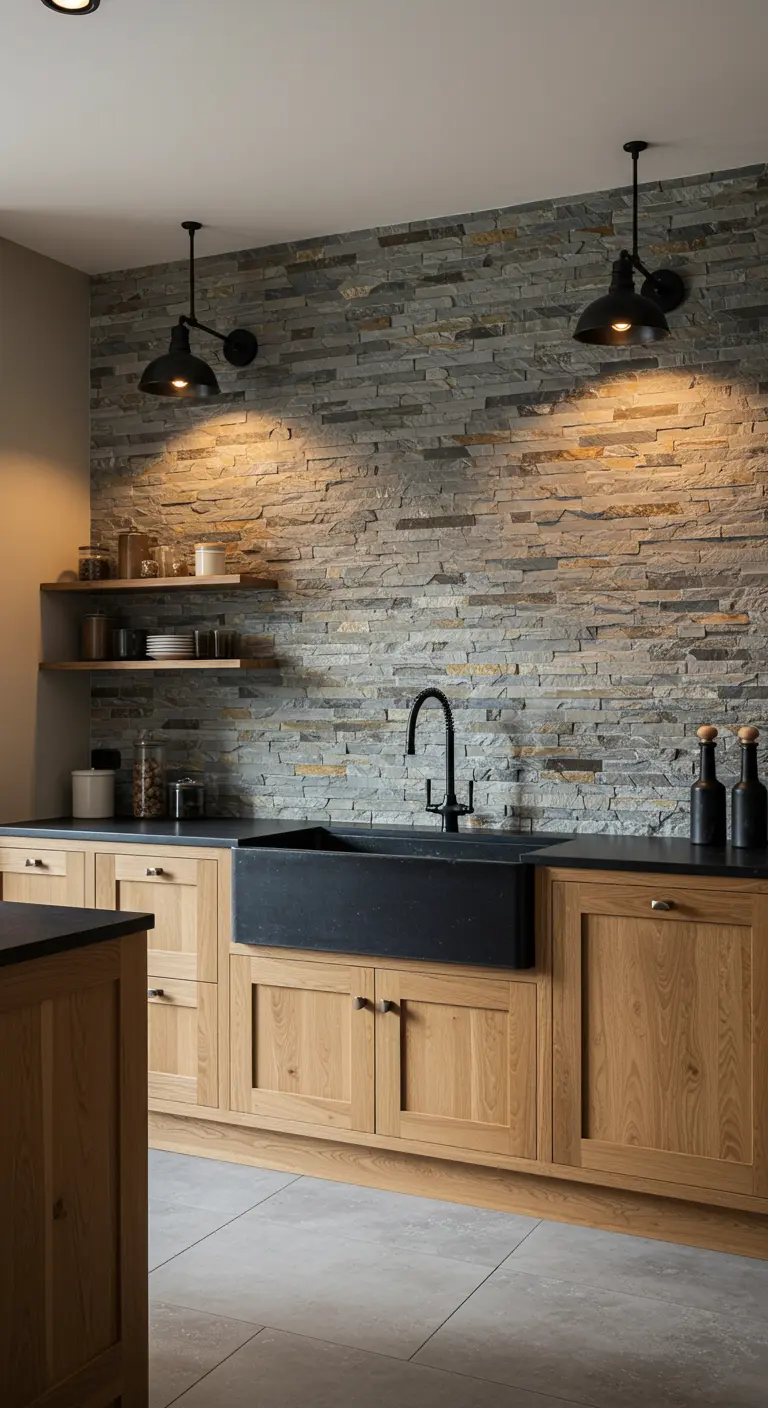 Cocina rústica con una pared de acento de piedra, armarios de madera y fregadero negro