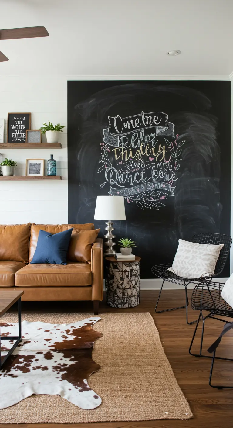 Pared de pizarra con una gran ilustración de tiza detrás de un sofá de cuero marrón