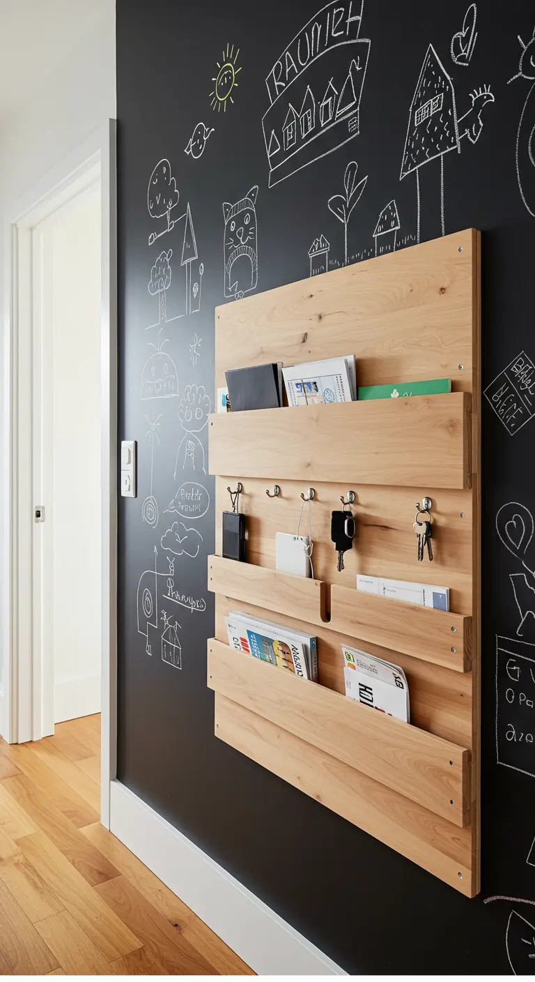 Pared de pizarra en un pasillo con un organizador de madera para llaves y correo.