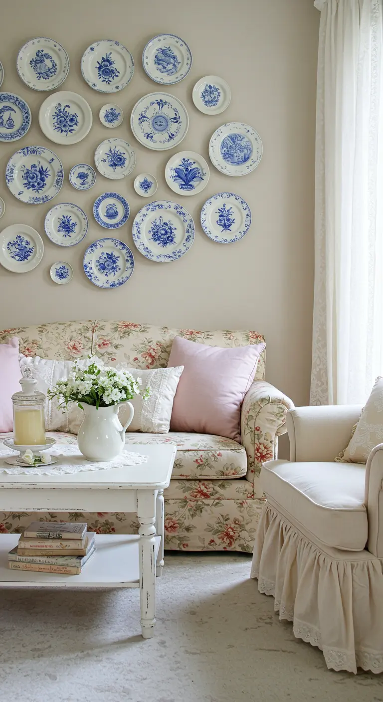 Colección de platos de porcelana azul y blanca colgados en la pared de una sala de estar de estilo cottage.