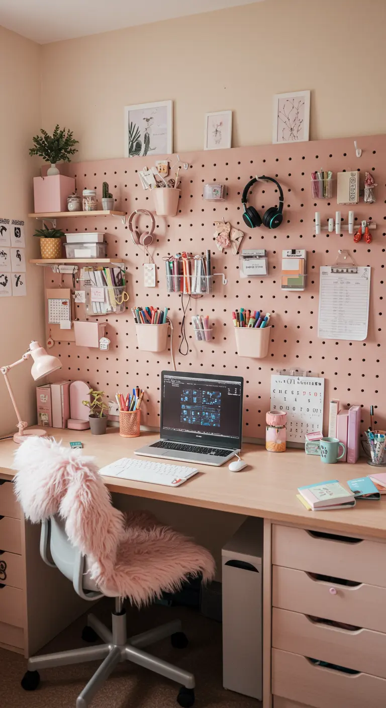 Gran panel de tacos (pegboard) rosa sobre un escritorio, lleno de organizadores y material.