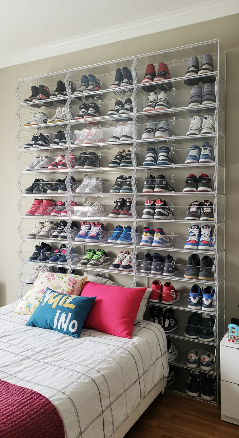 Pared completa con cajas de zapatos de acrílico apiladas, exhibiendo una gran colección de zapatillas