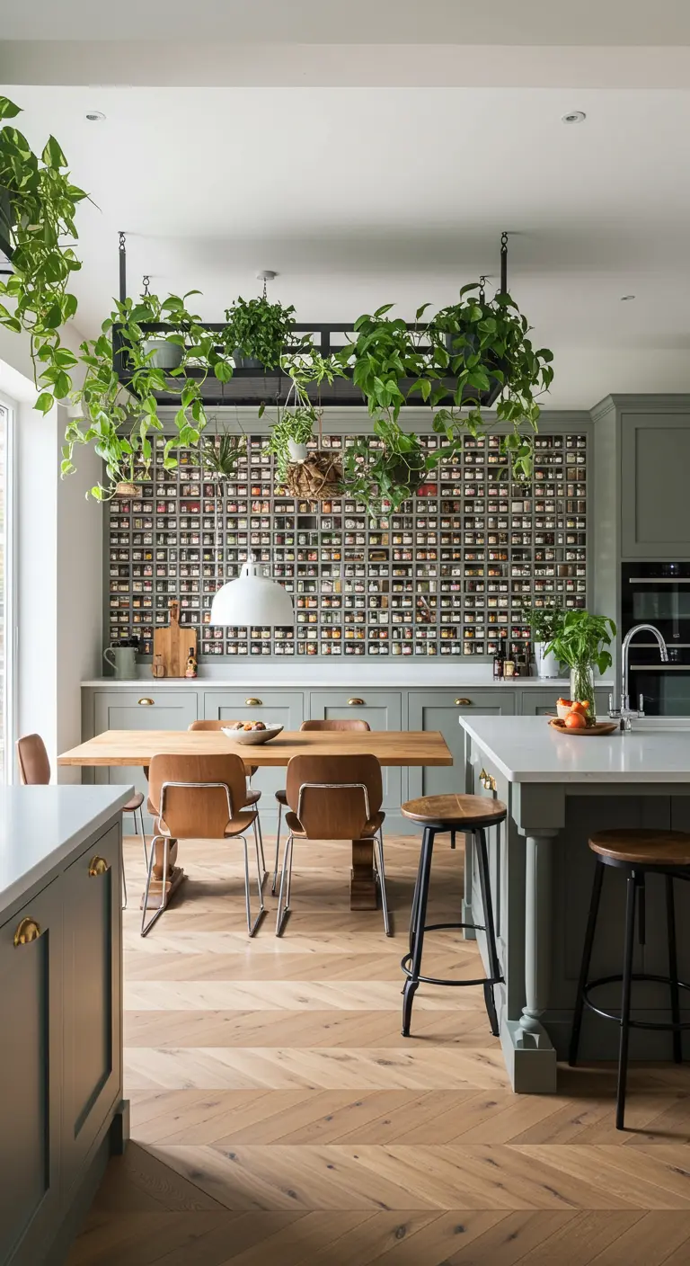 Cocina moderna con una pared entera cubierta por un especiero y una estructura con plantas sobre la mesa.