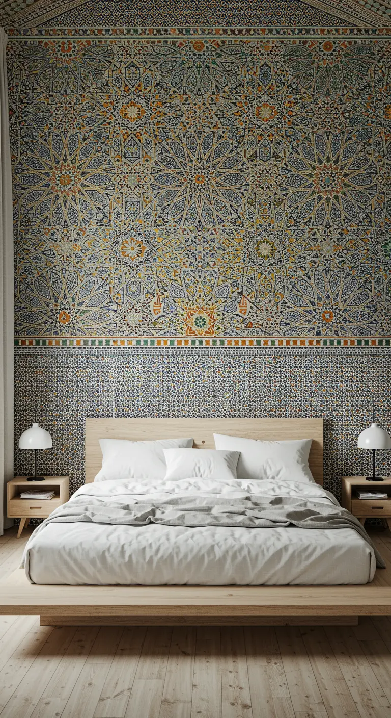 Dormitorio con una pared de acento cubierta completamente de mosaicos árabes coloridos