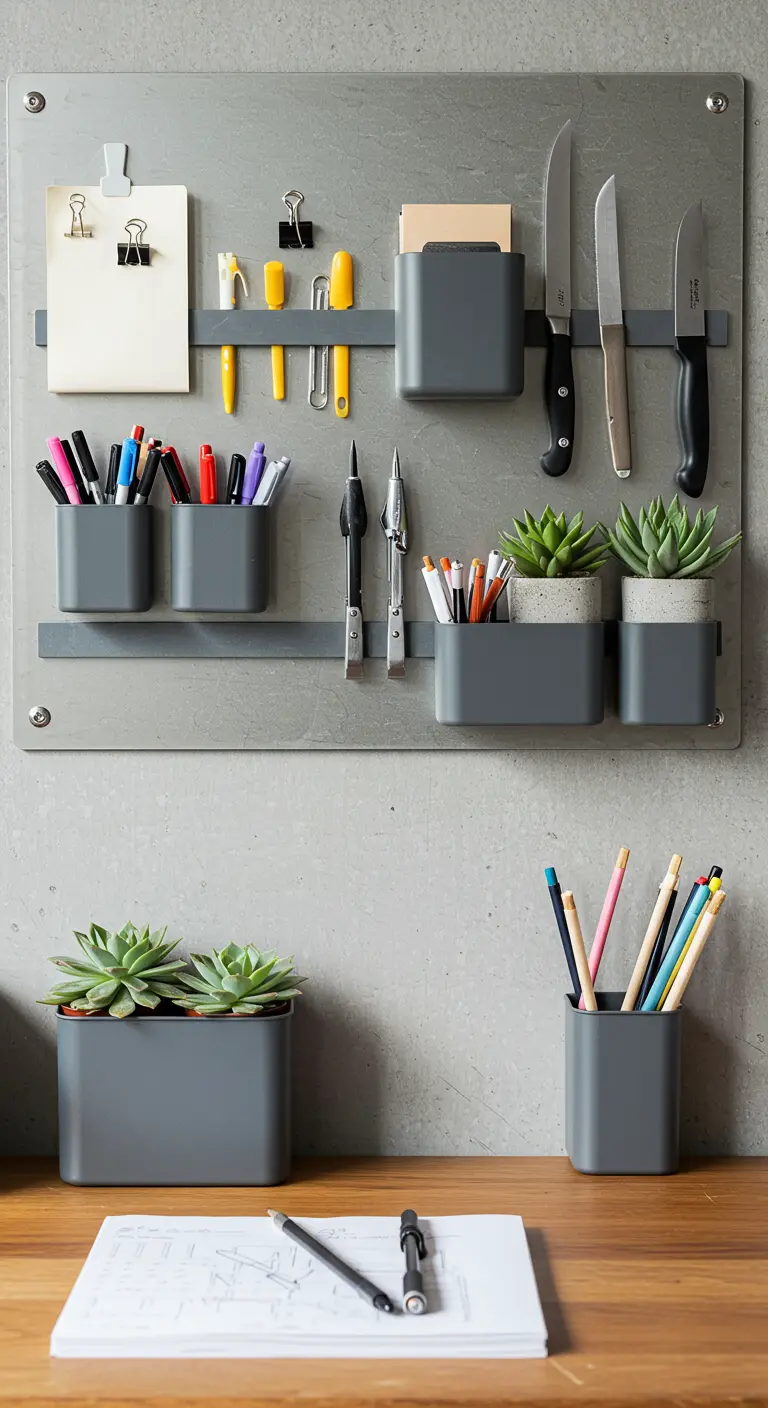Organizador de pared magnético gris con recipientes para lápices, cuchillos y plantas.