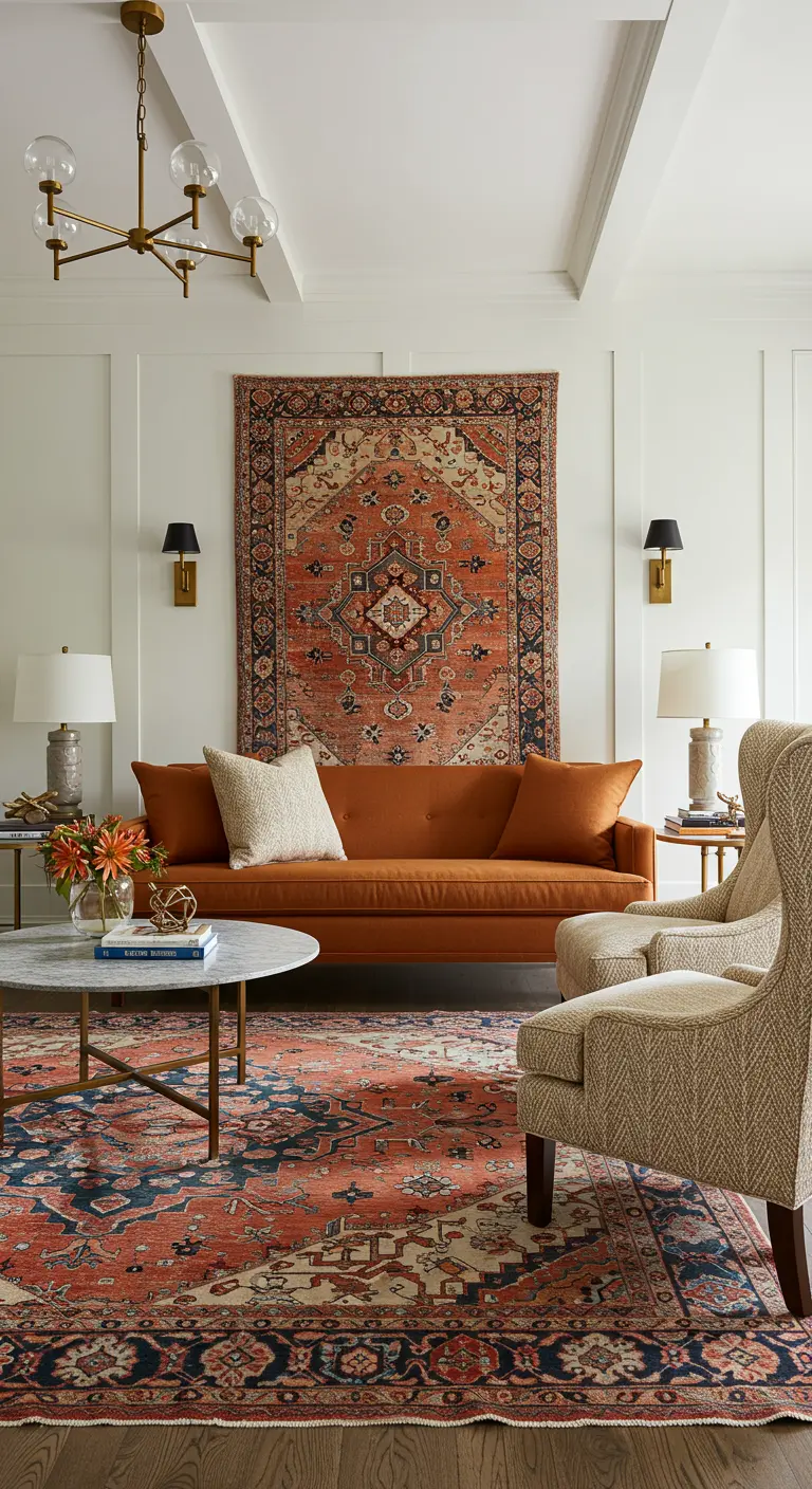 Sala con una gran alfombra persa colgada en la pared detrás de un sofá naranja.