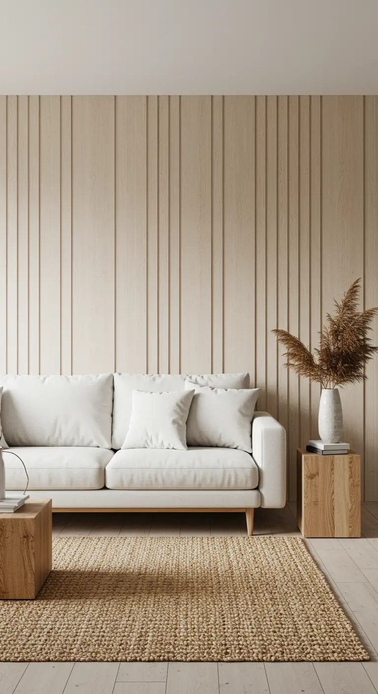 Sofá blanco frente a una pared de listones de madera beige y alfombra de yute