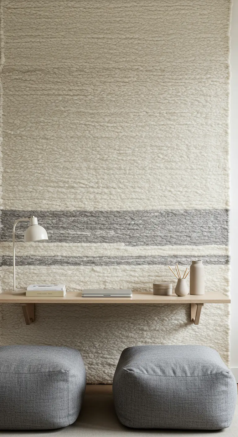 Espacio de trabajo con un gran tapiz de lana texturizada en la pared, escritorio flotante y cojines.