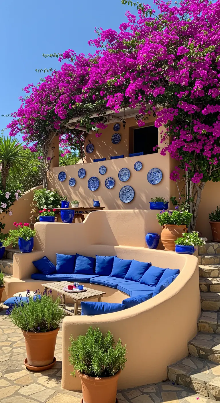 Patio escalonado con un sofá curvo de obra, cojines azules y platos de cerámica en la pared.