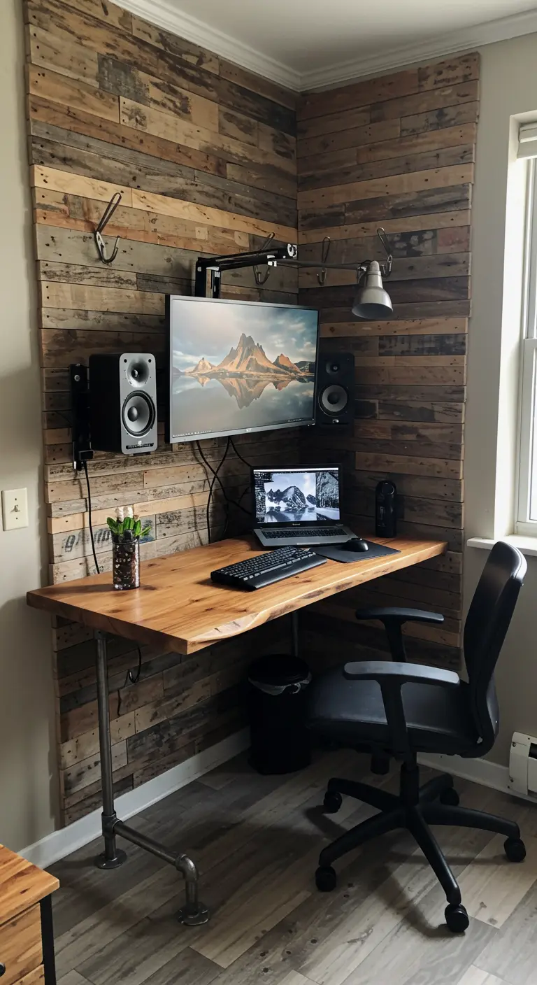 Oficina en casa con paredes de esquina revestidas de madera de palet reciclada y escritorio a juego.