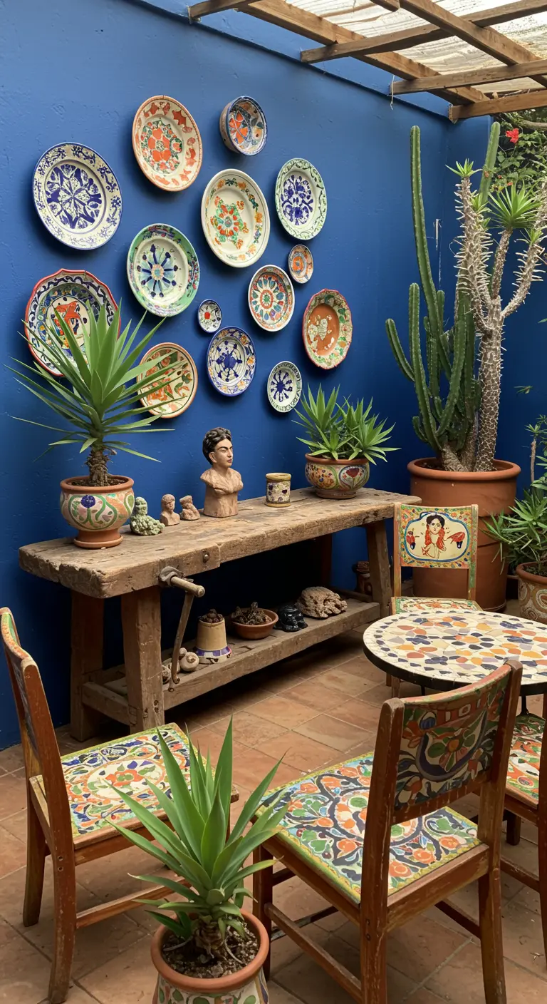 Pared azul cobalto decorada con una colección de platos de talavera.
