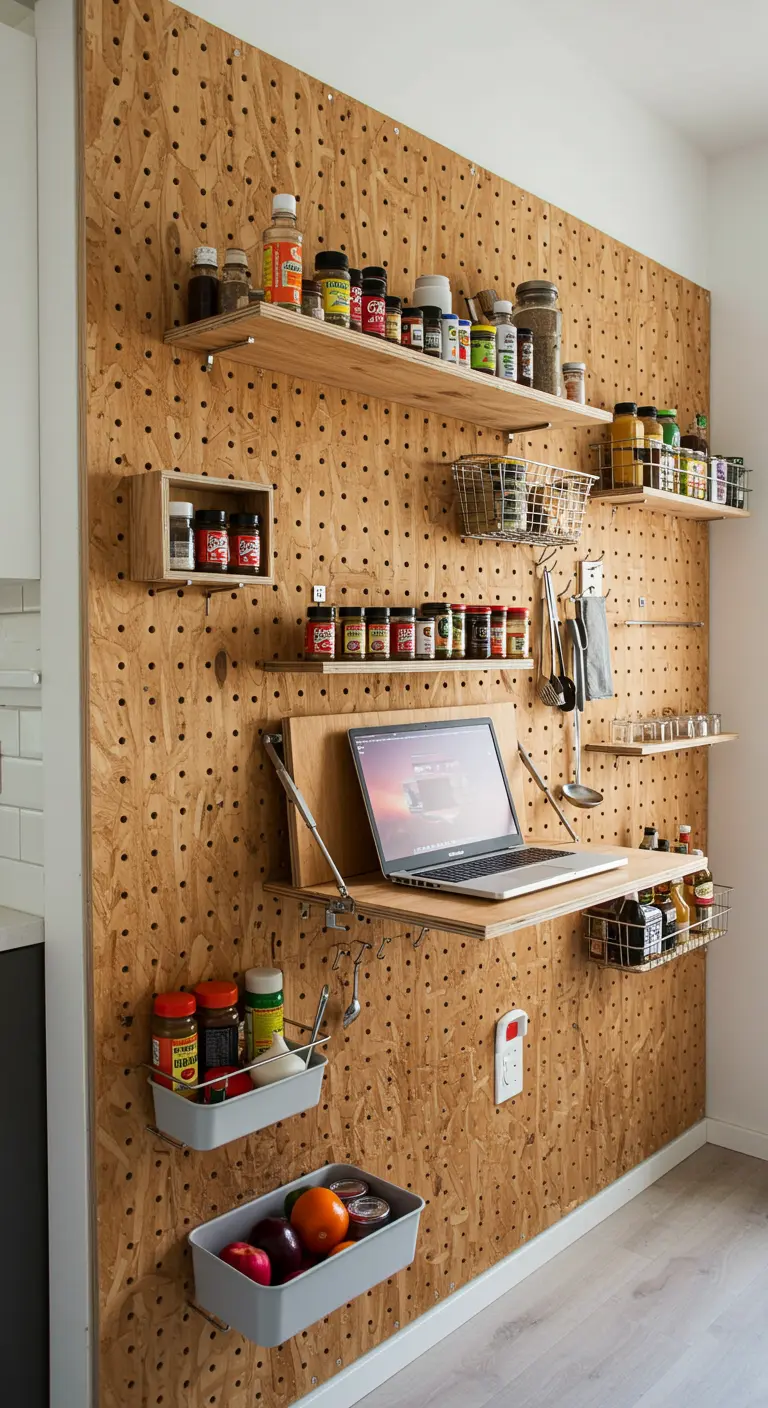 Pared cubierta con un panel perforado de madera OSB con estantes y un escritorio plegable