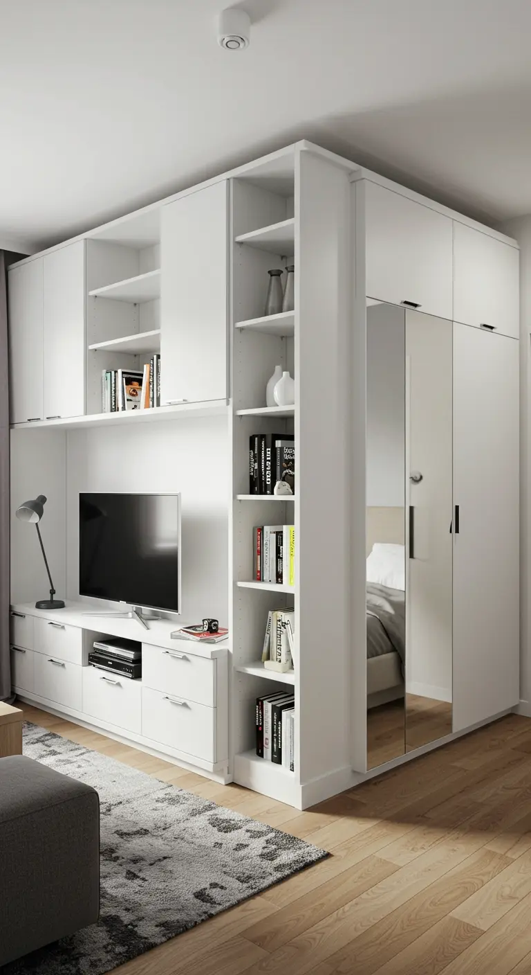 Mueble modular blanco que divide un salón de un dormitorio, con TV, estanterías y armario.