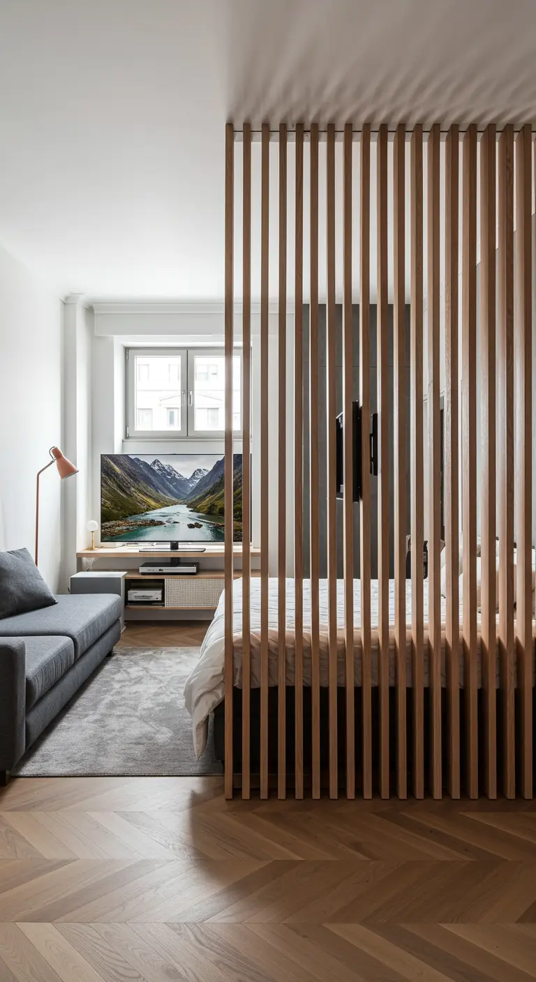 Separador de ambientes de listones de madera entre la cama y el salón en un estudio.