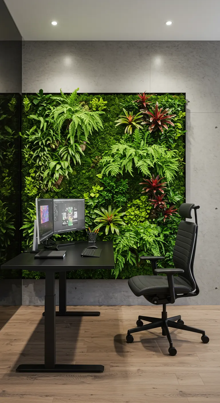 Oficina moderna y minimalista con una gran pared verde vertical detrás del escritorio.