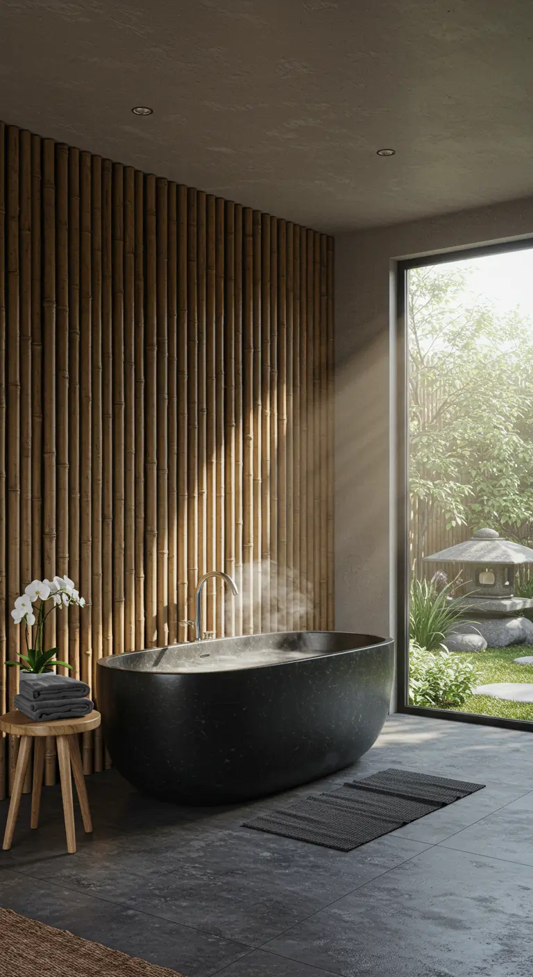 Baño con pared de acento de bambú, bañera negra exenta y vistas a un jardín japonés.