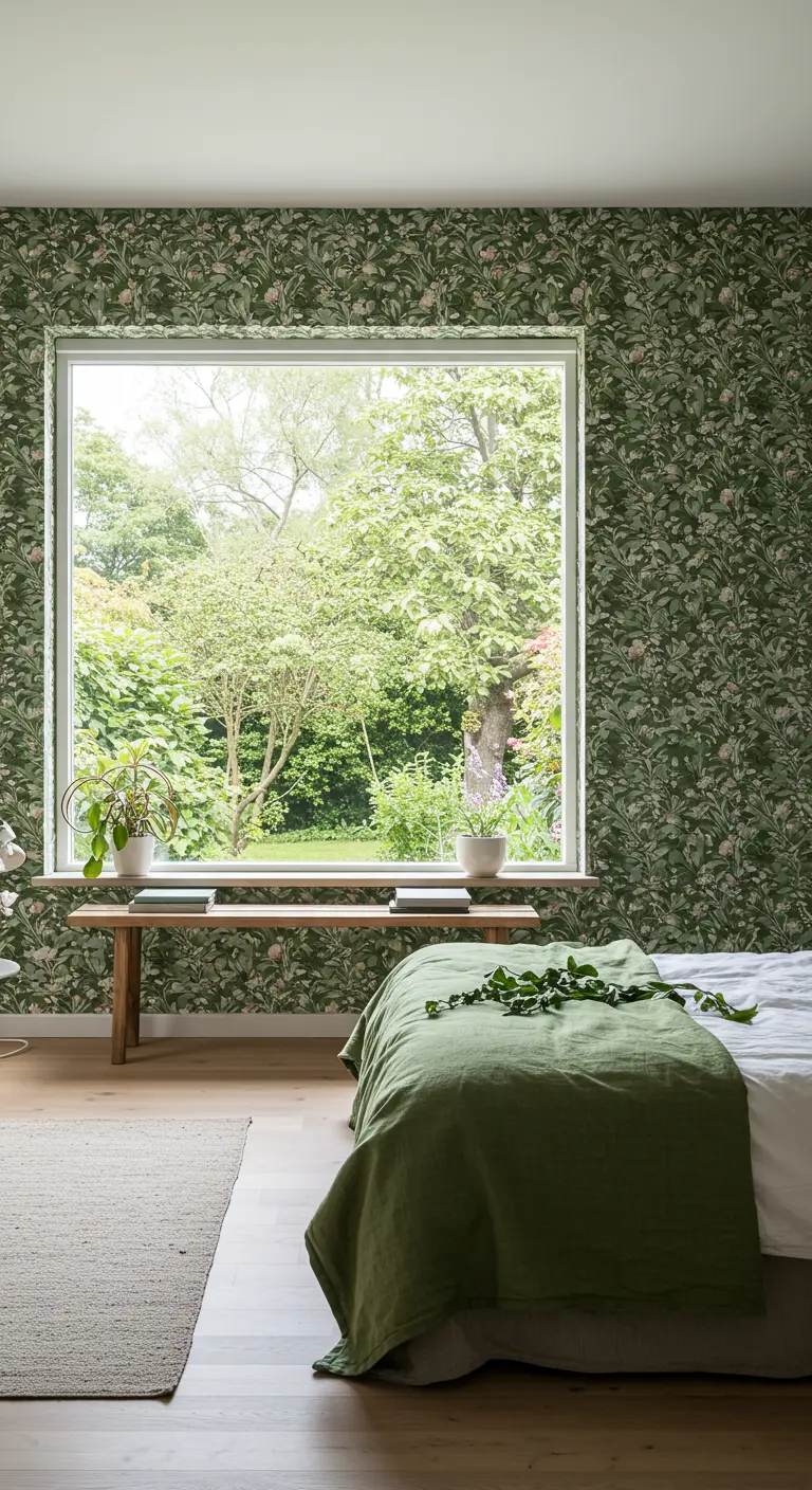 Pared de dormitorio con papel tapiz de follaje verde que rodea una gran ventana con vistas a un jardín