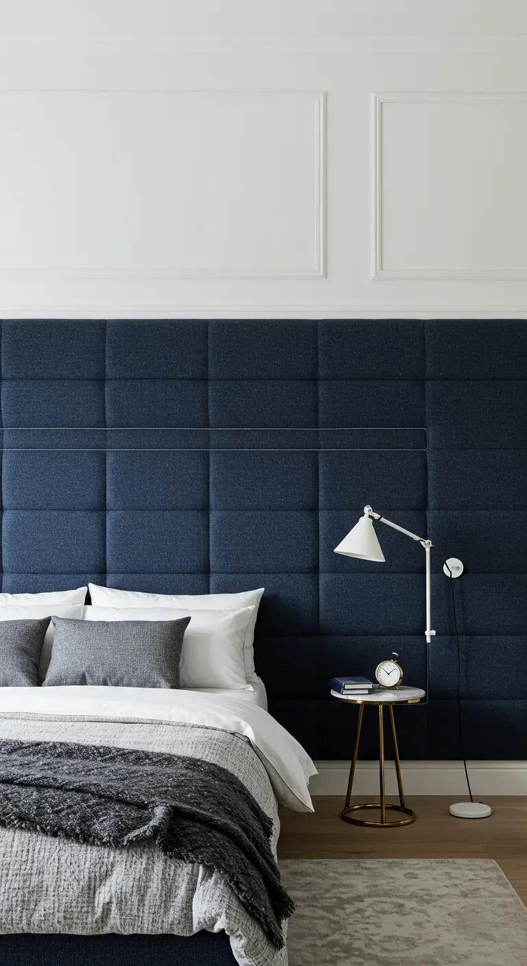 Pared detrás de la cama completamente cubierta con paneles tapizados en tela azul oscuro.