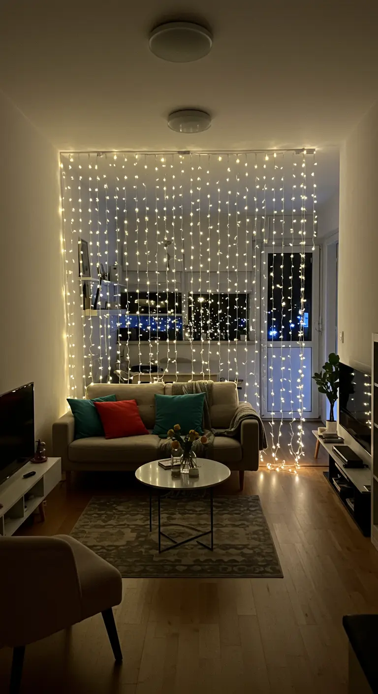 Cortina de luces de hadas instalada en la pared detrás de un sofá, creando un fondo luminoso