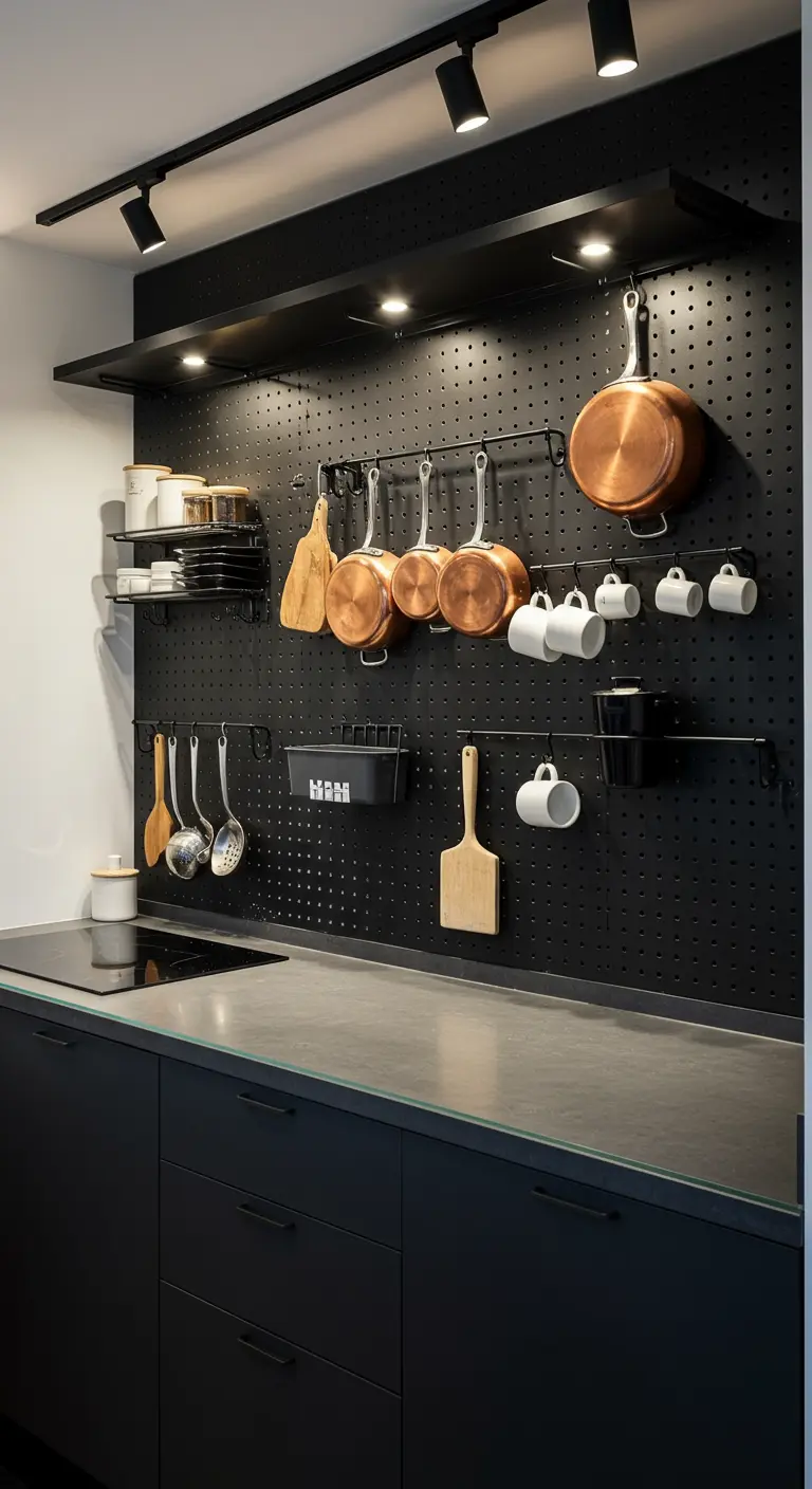 Pared de tablero perforado negro con sartenes de cobre y utensilios de cocina colgados.