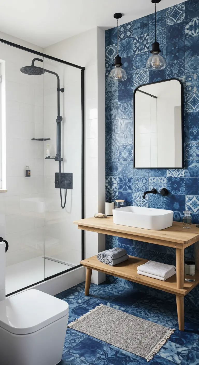 Baño con pared de azulejos azules de estilo marroquí y mueble de madera clara.