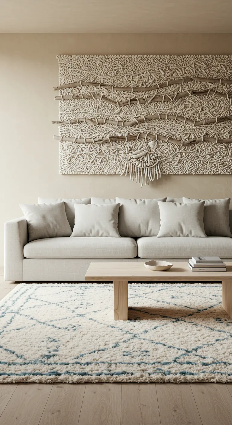 Sala con un gran tapiz de macramé en la pared, sofá gris y alfombra bereber